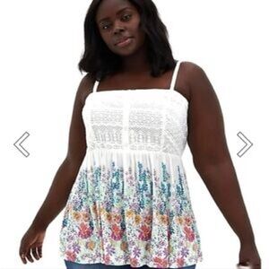 Torrid Babydoll Gauze Crochet Trim Cami Floral Bottom Tank Top, size 5X NWT